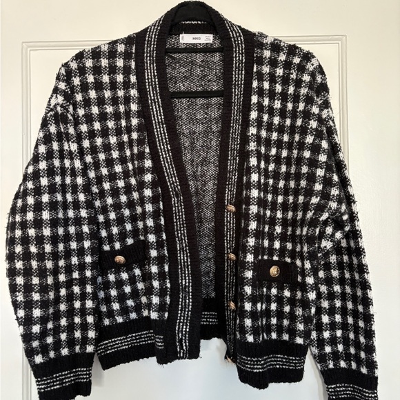 Mango Sweaters - Mango Black and White Checkered Cardigan with Gold Buttons